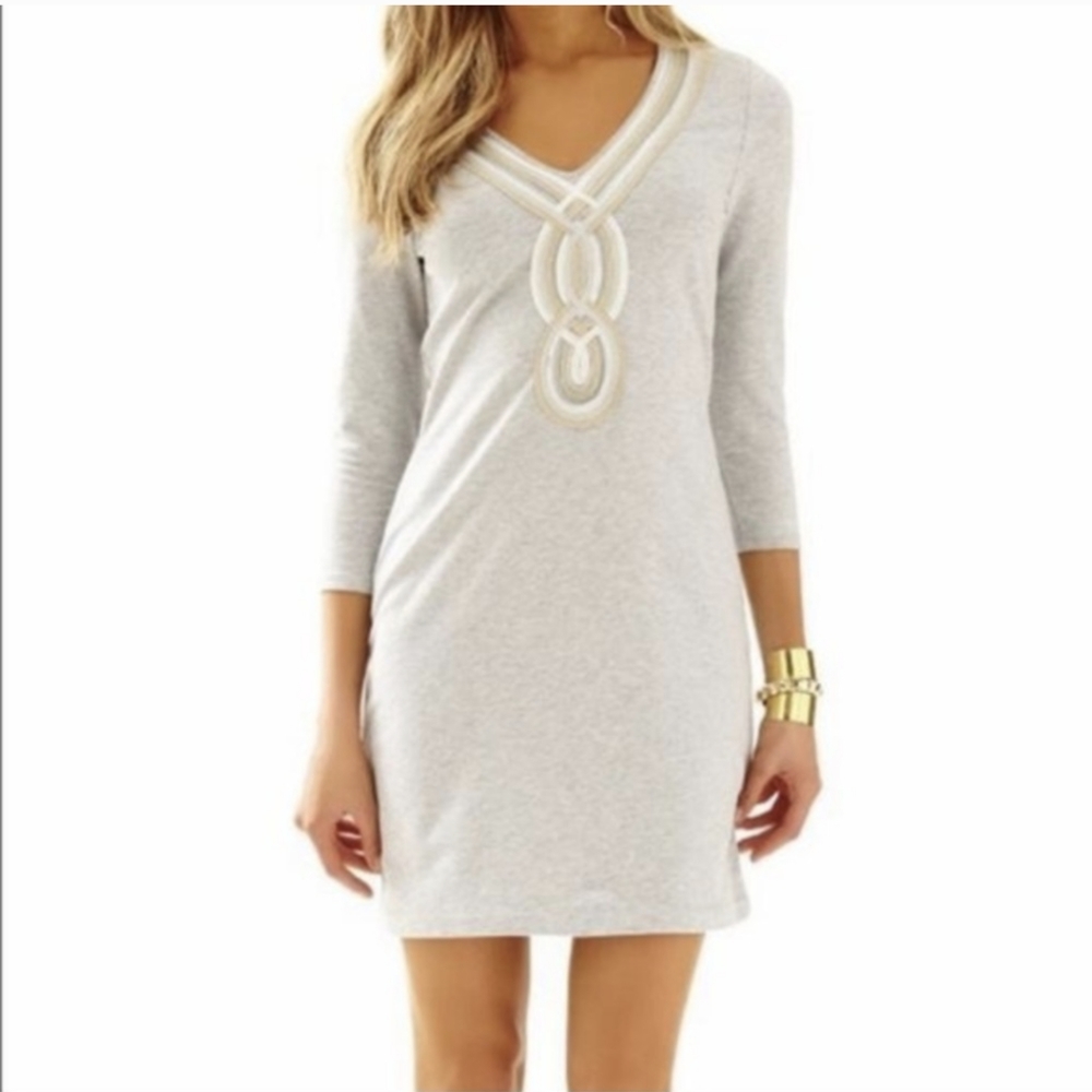LILLY PULITZER sz X Small Holiday Clarkson Dress French Terry V Neck Soft Gray